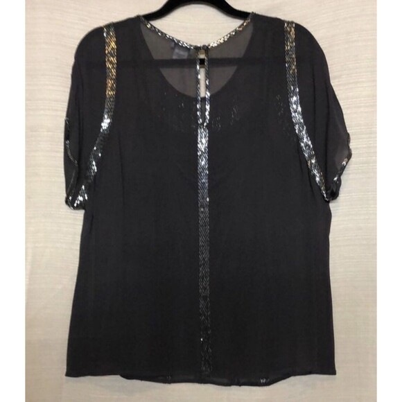 Cache Sheer Beaded Blouse Top In Charcoal Sz Med - Picture 4 of 8